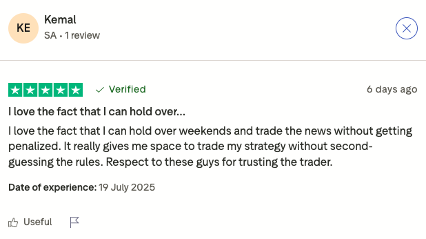 A recent review for TradingFunds from a Trader on TrustPilot